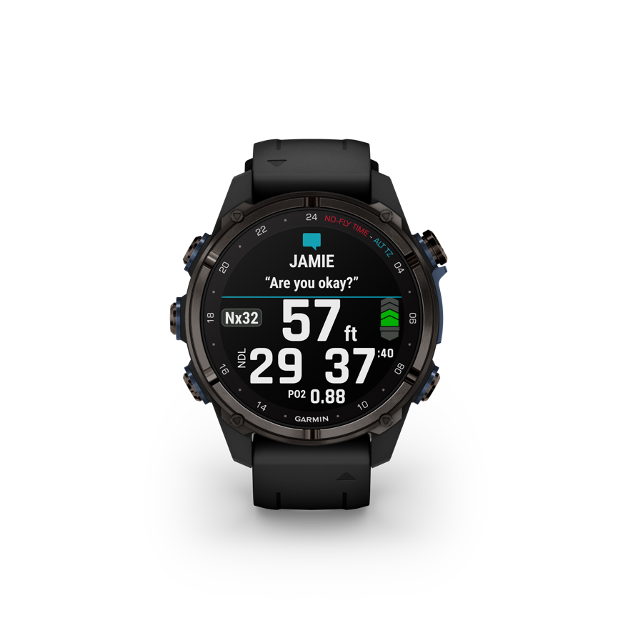 Garmin Descent watch showing a message from a buddy named Jamie reading 'Are you okay?' at 57 feet of depth.
