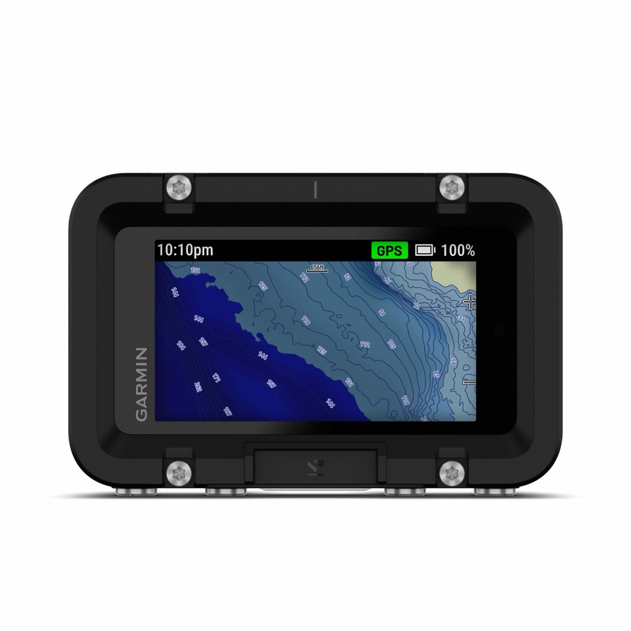 Garmin Descent dive computer surface screen showing a GPS map with depth contours and full satellite lock.